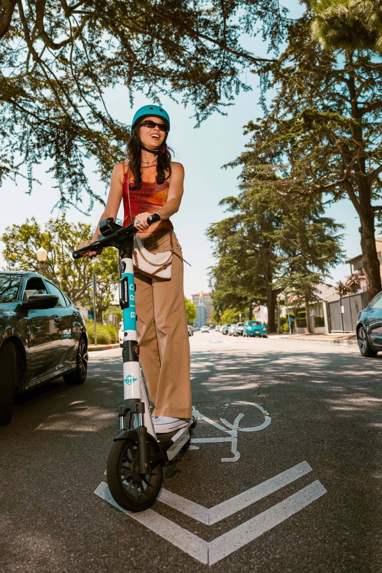 Bird scooter parked on a city street